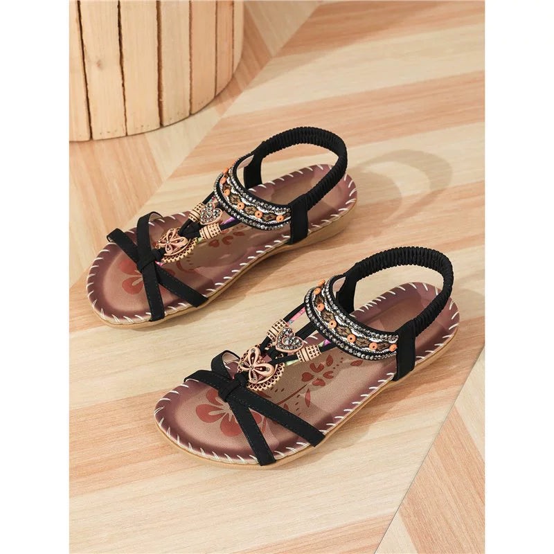 🌸 Boho-Damen-Sandalen in Übergröße – Flache Schlappen mit Blumen- & Strass-Details – Luftig-leichte Sommerschuhe für Strand & Stadt