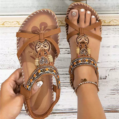 🌸 Boho-Damen-Sandalen in Übergröße – Flache Schlappen mit Blumen- & Strass-Details – Luftig-leichte Sommerschuhe für Strand & Stadt