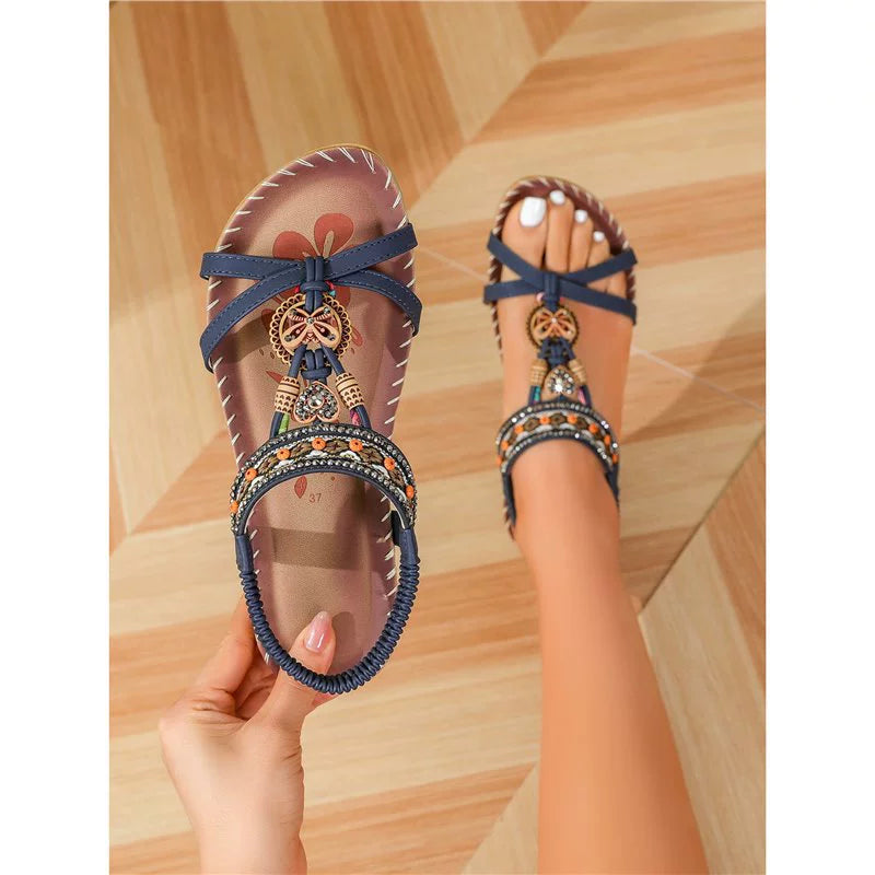 🌸 Boho-Damen-Sandalen in Übergröße – Flache Schlappen mit Blumen- & Strass-Details – Luftig-leichte Sommerschuhe für Strand & Stadt