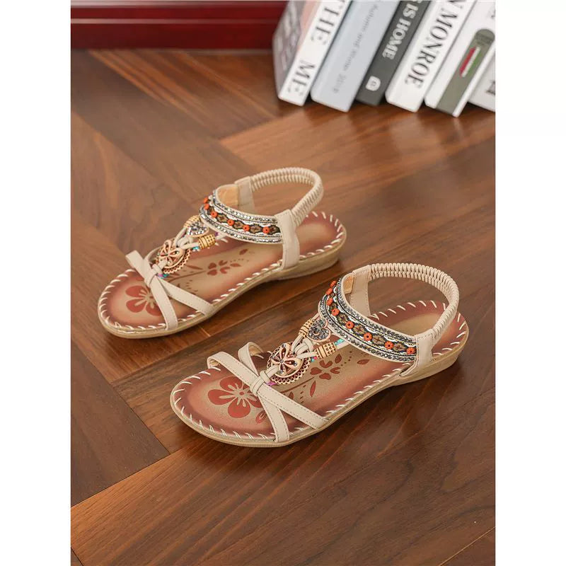 🌸 Boho-Damen-Sandalen in Übergröße – Flache Schlappen mit Blumen- & Strass-Details – Luftig-leichte Sommerschuhe für Strand & Stadt