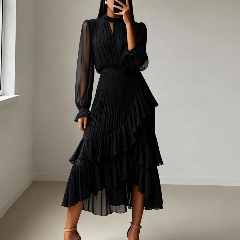 Lioren™ Kleid mit Edlem Plissee und Asymmetrischen Volants