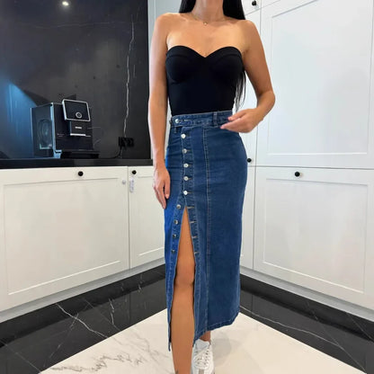 Lorena™ Jeansrock mit Knopfleiste vorn und elegantem Schlitz