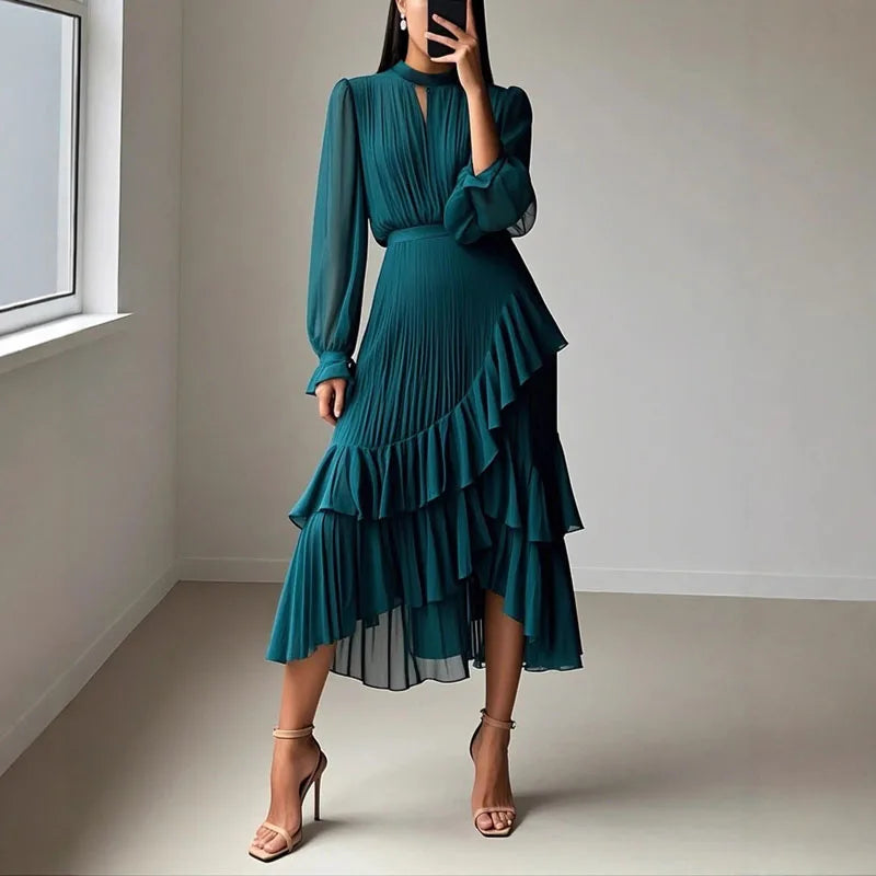 Lioren™ Kleid mit Edlem Plissee und Asymmetrischen Volants