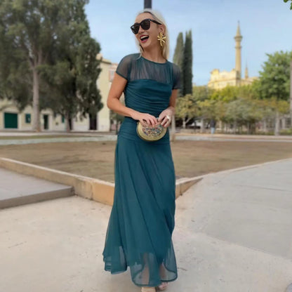 Athen™ Maxikleid mit kurzen transparenten Ärmeln und Stufenrock