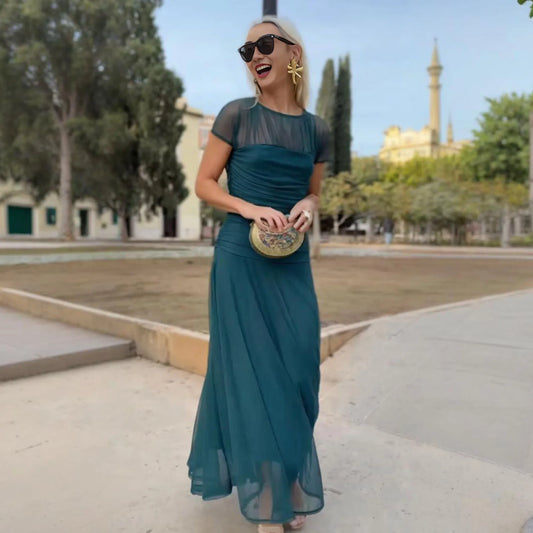Athen™ Maxikleid mit kurzen transparenten Ärmeln und Stufenrock