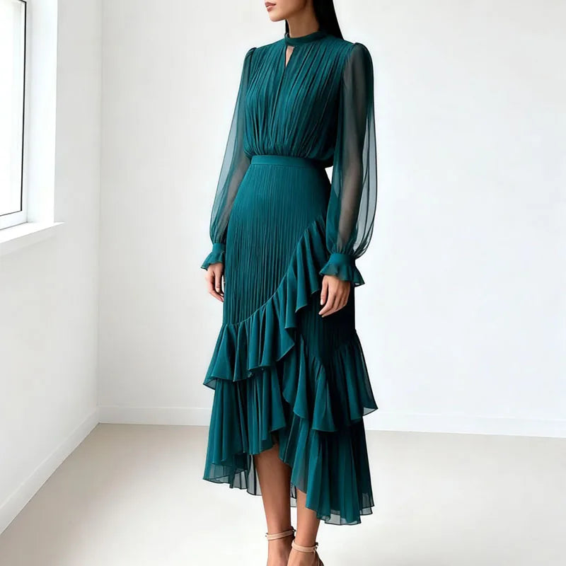 Lioren™ Kleid mit Edlem Plissee und Asymmetrischen Volants