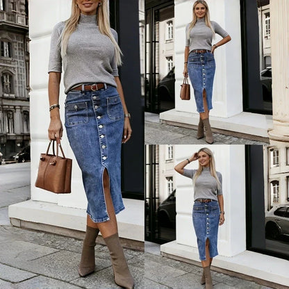 Belmira™-Rock aus Premium-Jeansstoff mit Knopfleiste Vorne und Elegantem Schlitz