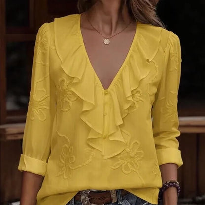 Anneliese™ Bluse mit V-Ausschnitt, Frontvolants und floraler Stickerei