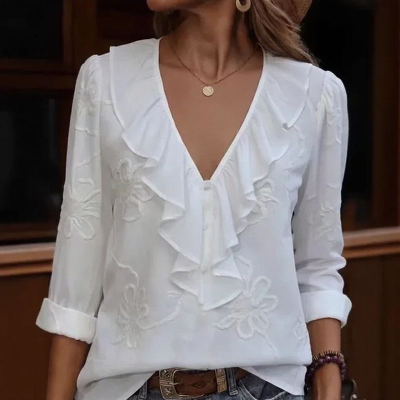 Anneliese™ Bluse mit V-Ausschnitt, Frontvolants und floraler Stickerei