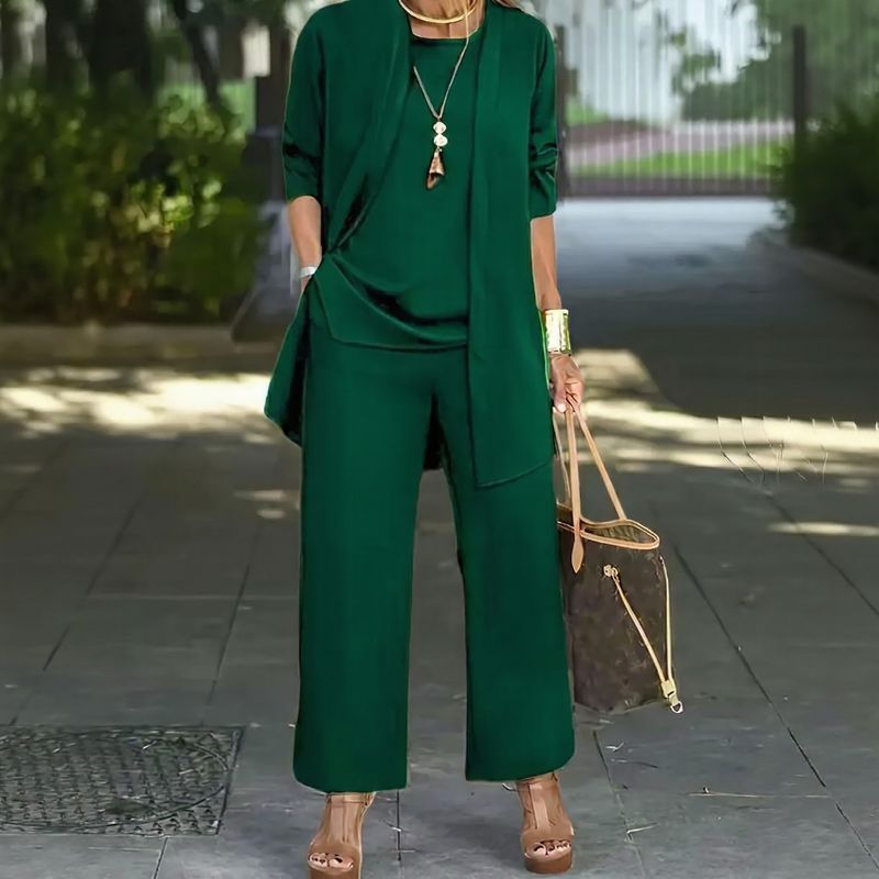 Jade™ Minimalistisches 3-Teiliges Set mit Palazzo-Hose und Langem Cardigan
