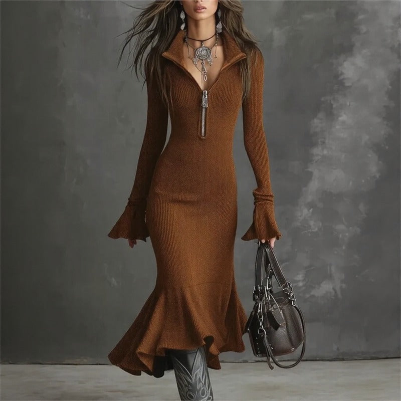 Evora Luxe™ Kleid Aus Geripptem Strick Mit Frontreißverschluss und Meerjungfrauensaum