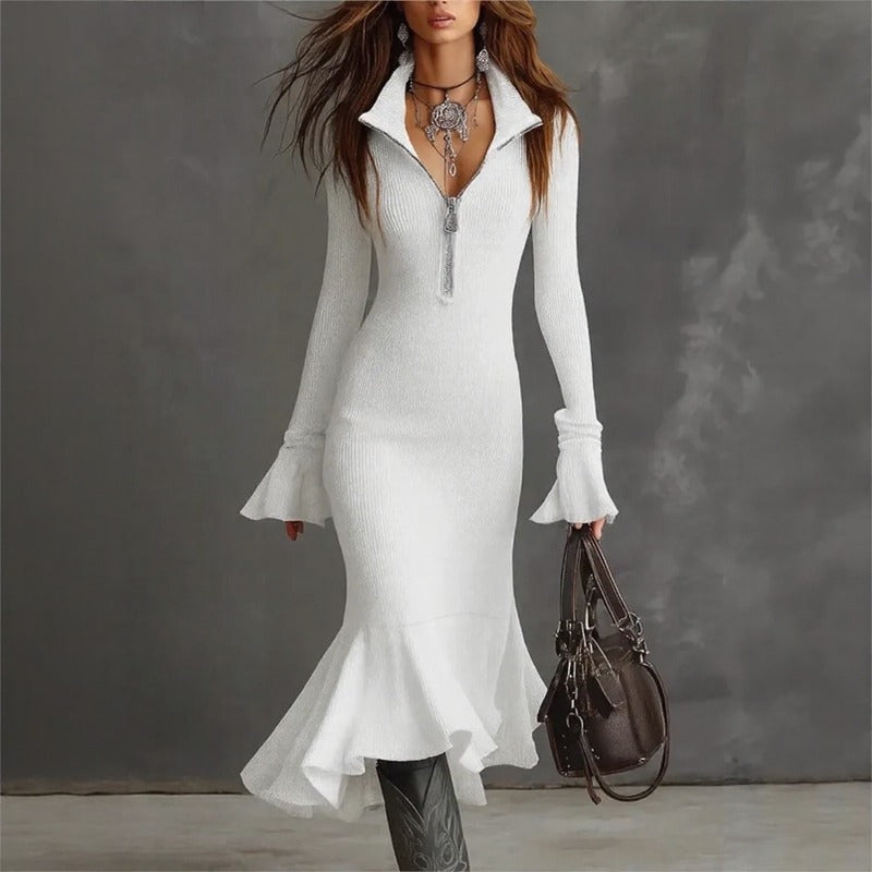 Evora Luxe™ Kleid Aus Geripptem Strick Mit Frontreißverschluss und Meerjungfrauensaum
