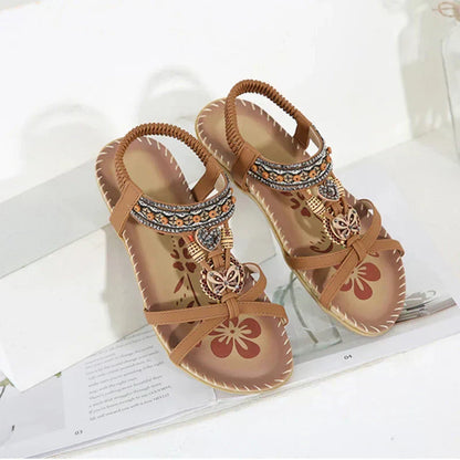 🌸 Boho-Damen-Sandalen in Übergröße – Flache Schlappen mit Blumen- & Strass-Details – Luftig-leichte Sommerschuhe für Strand & Stadt