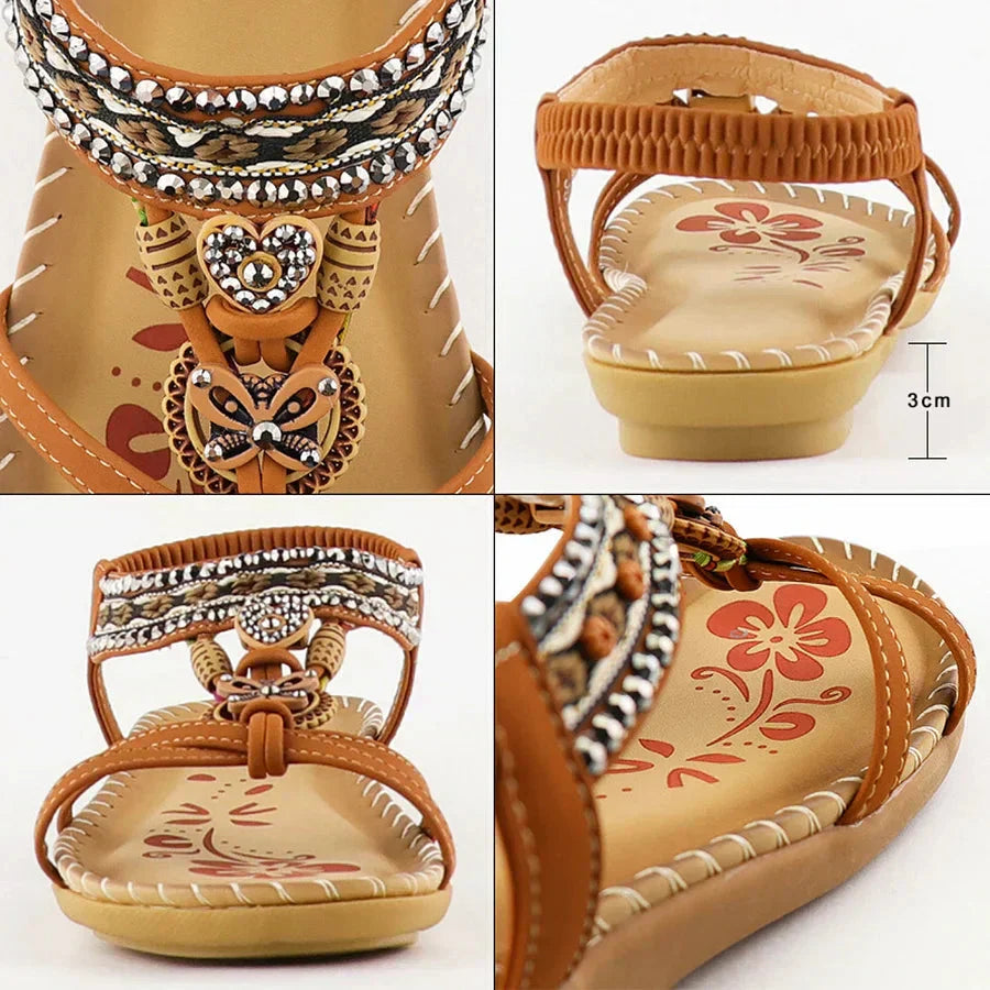 🌸 Boho-Damen-Sandalen in Übergröße – Flache Schlappen mit Blumen- & Strass-Details – Luftig-leichte Sommerschuhe für Strand & Stadt