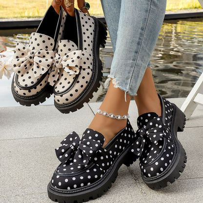 📢📢50% RABATT !! ⏰ Damen-Loafers mit Tupfenmuster, Schleife und Plateausohle
