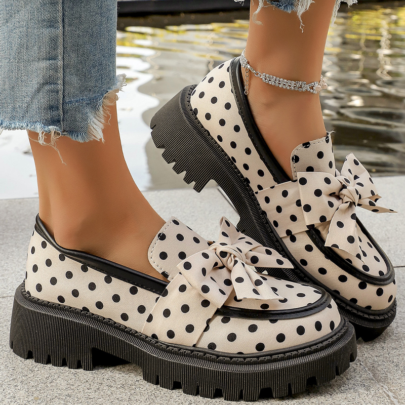 📢📢50% RABATT !! ⏰ Damen-Loafers mit Tupfenmuster, Schleife und Plateausohle