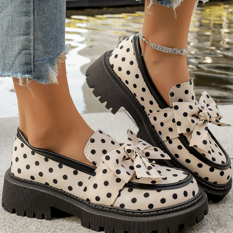📢📢50% RABATT !! ⏰ Damen-Loafers mit Tupfenmuster, Schleife und Plateausohle