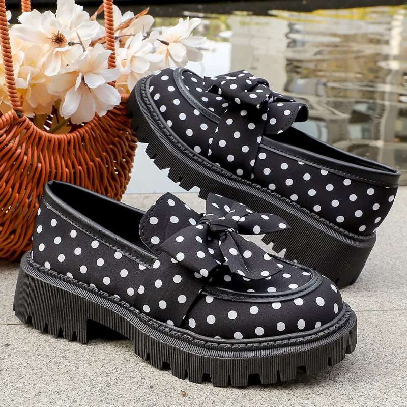 📢📢50% RABATT !! ⏰ Damen-Loafers mit Tupfenmuster, Schleife und Plateausohle